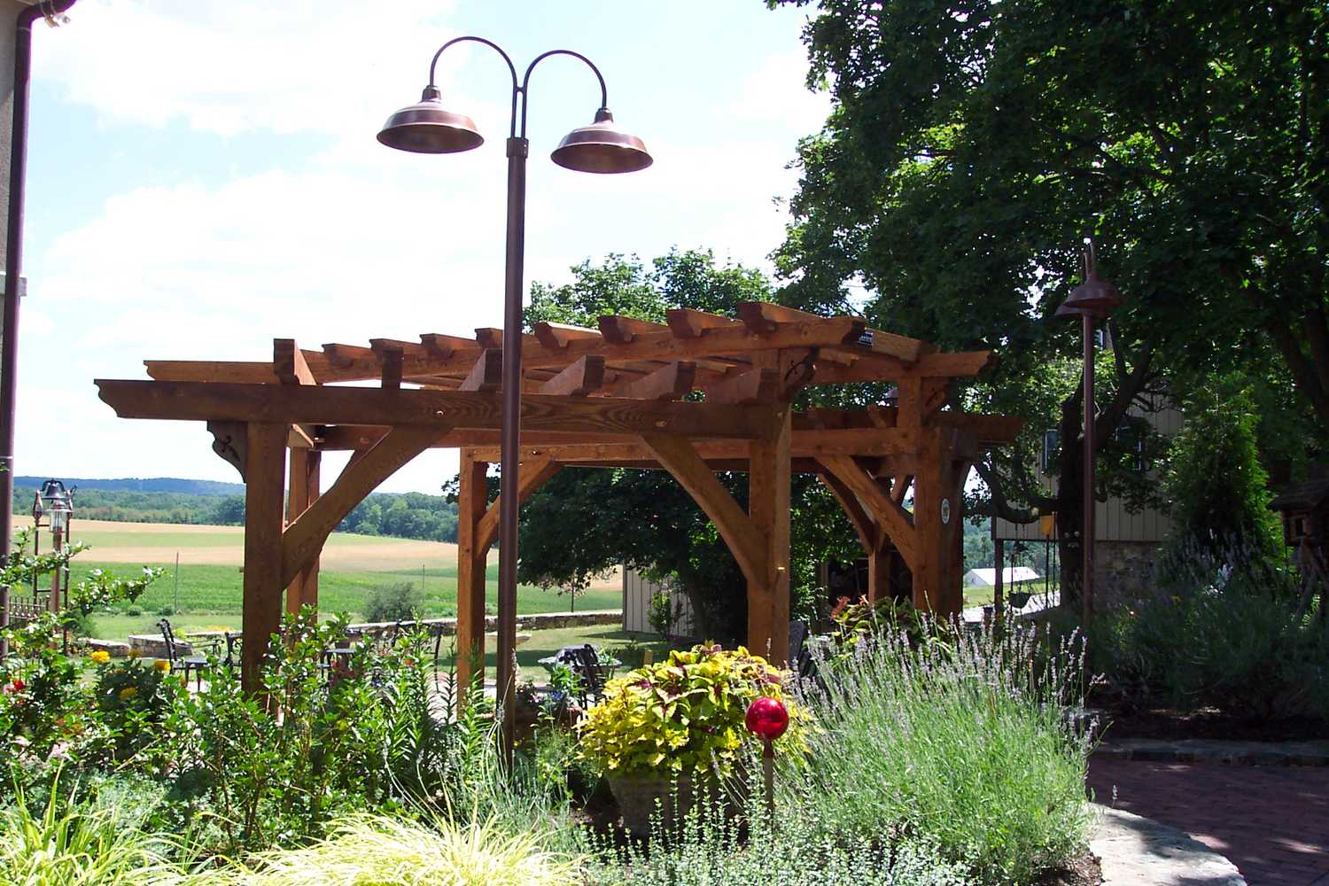 (2) Custom designed timber-framed pergola, timber-framed carport