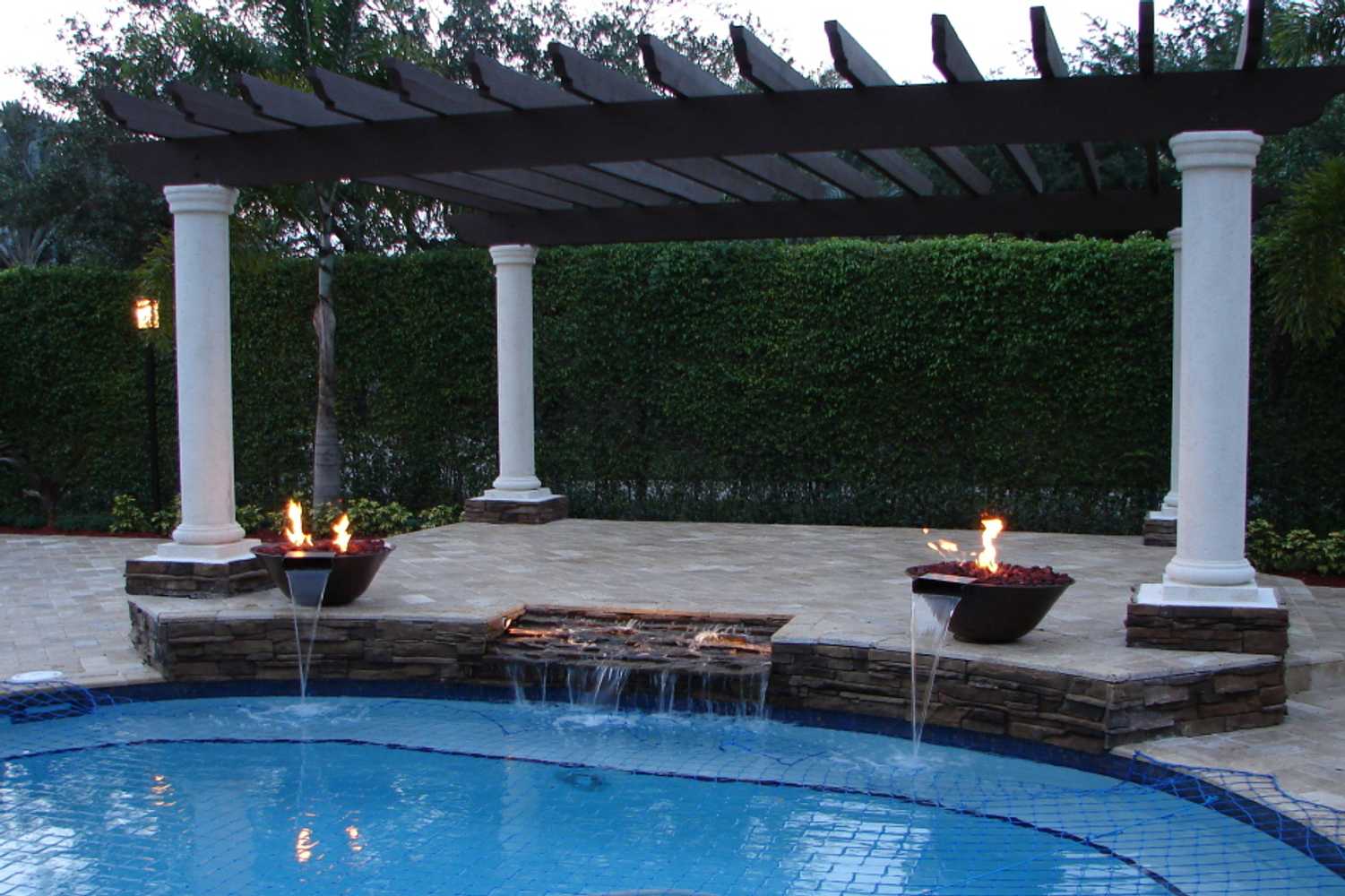 Pool renovation, pergola w/ water-fire feature