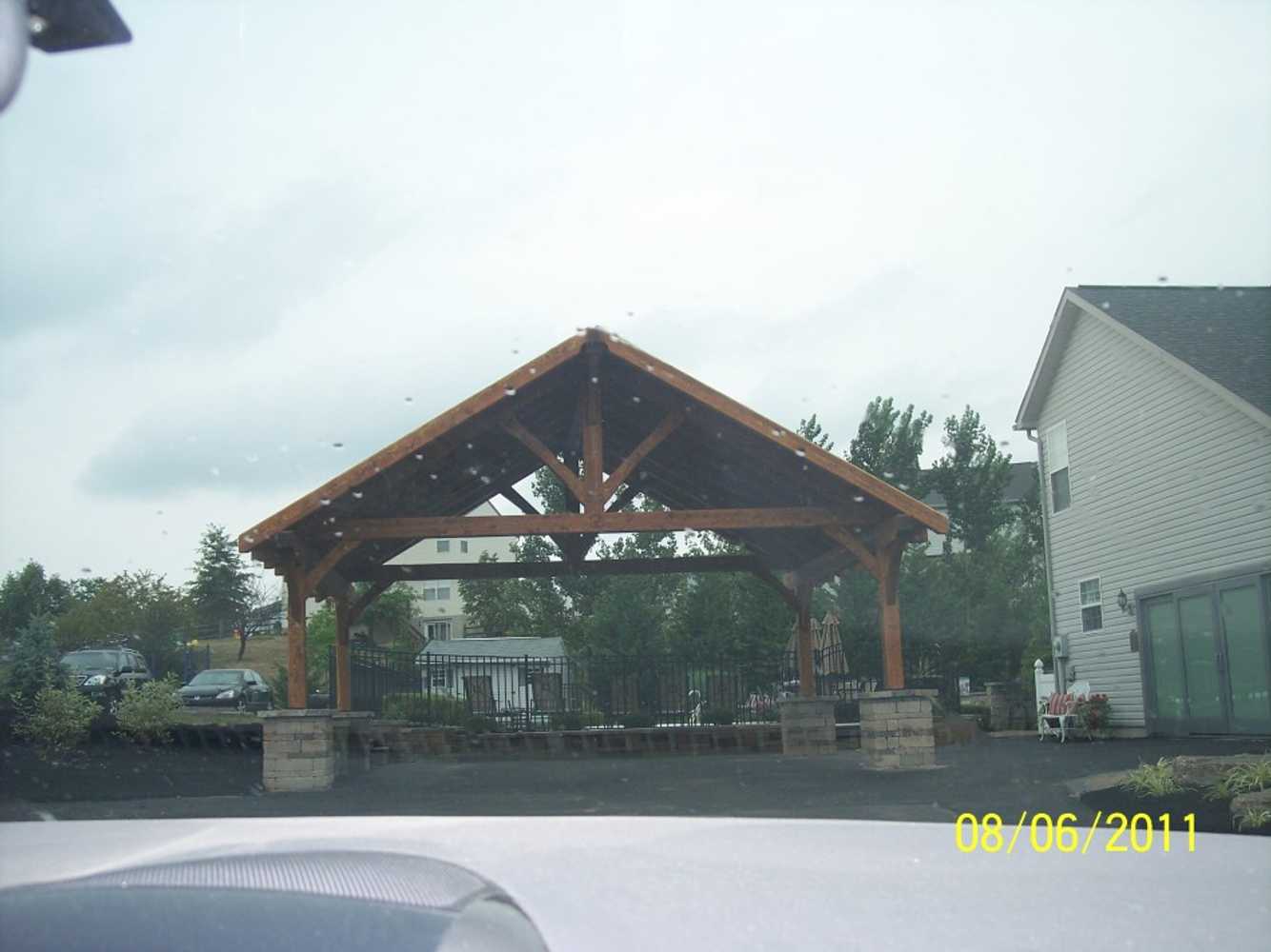 (2) Custom designed timber-framed pergola, timber-framed carport