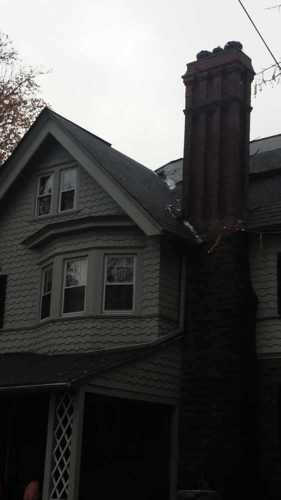 slate to asphalt custom shingle roof with top chimney rebuild