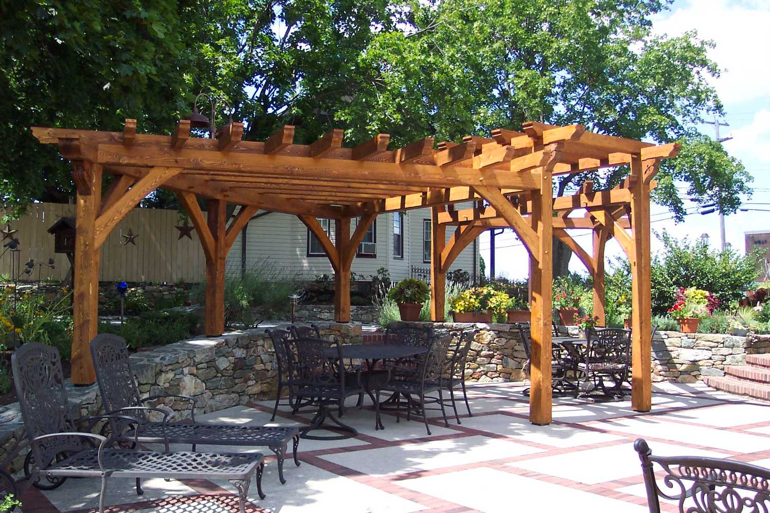 (2) Custom designed timber-framed pergola, timber-framed carport