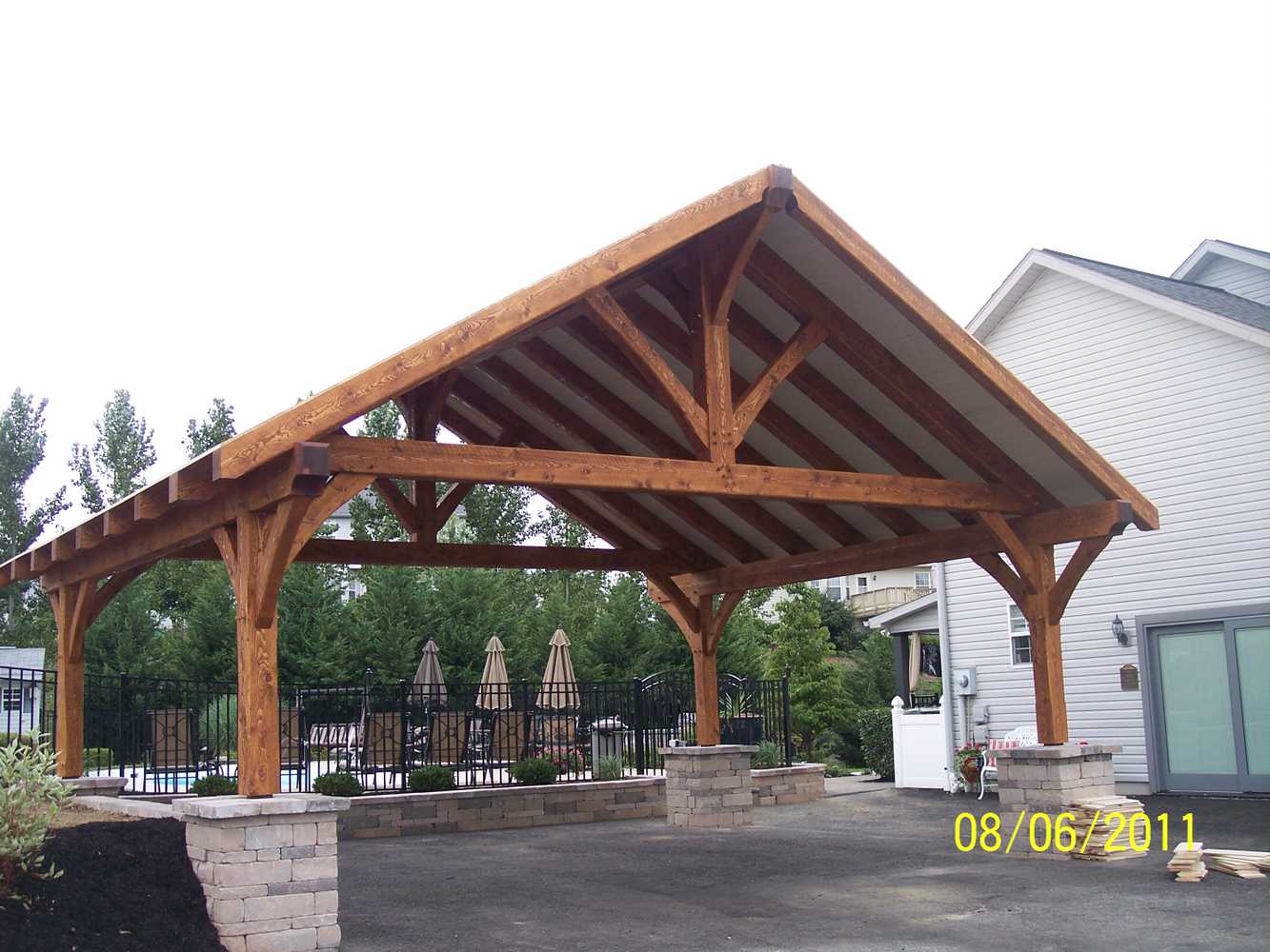 (2) Custom designed timber-framed pergola, timber-framed carport