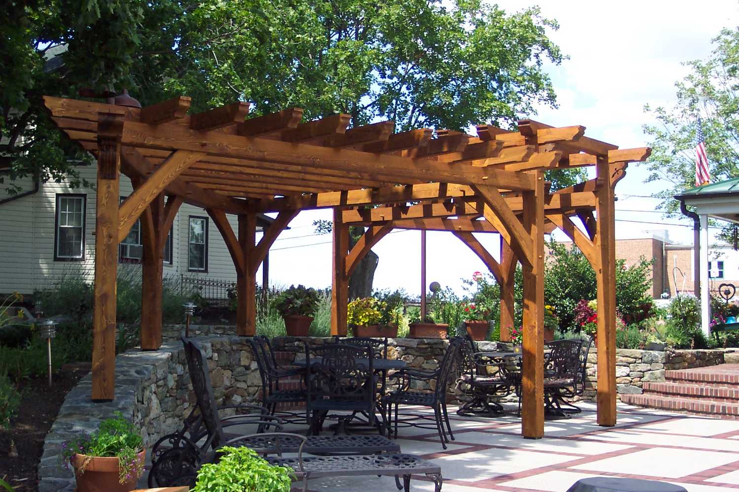 (2) Custom designed timber-framed pergola, timber-framed carport