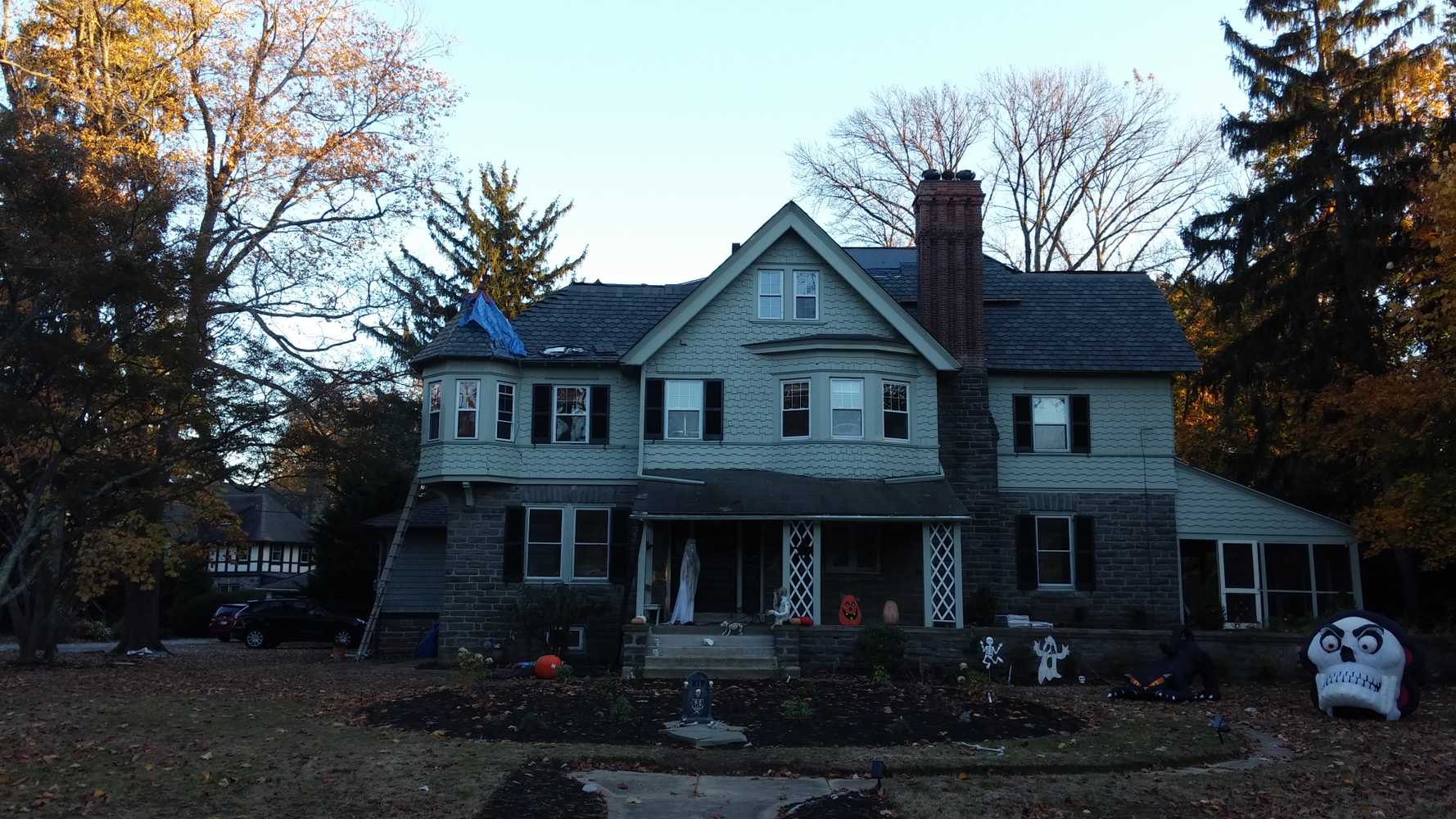 slate to asphalt custom shingle roof with top chimney rebuild