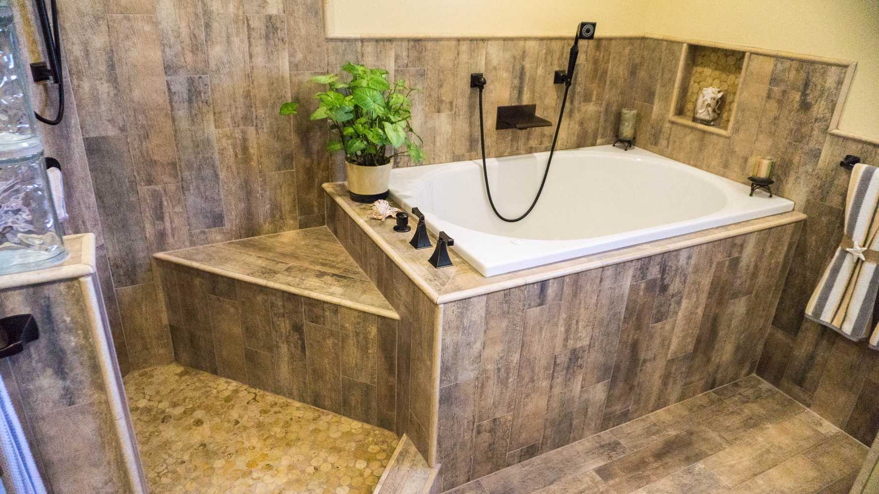 2014: Earthy Wood & Glass Master Bath
