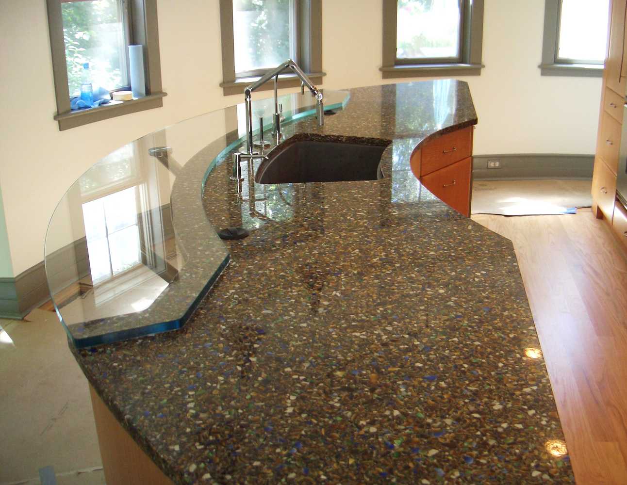 Glass tables, counters, backsplashes