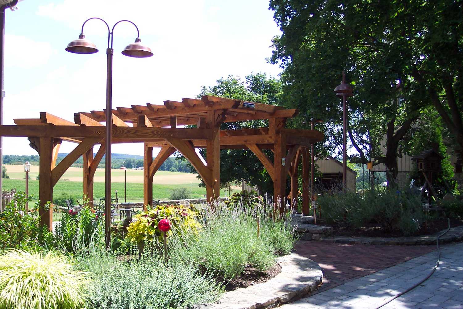 (2) Custom designed timber-framed pergola, timber-framed carport