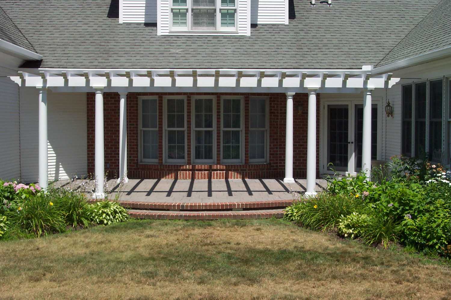 (2) Custom designed timber-framed pergola, timber-framed carport