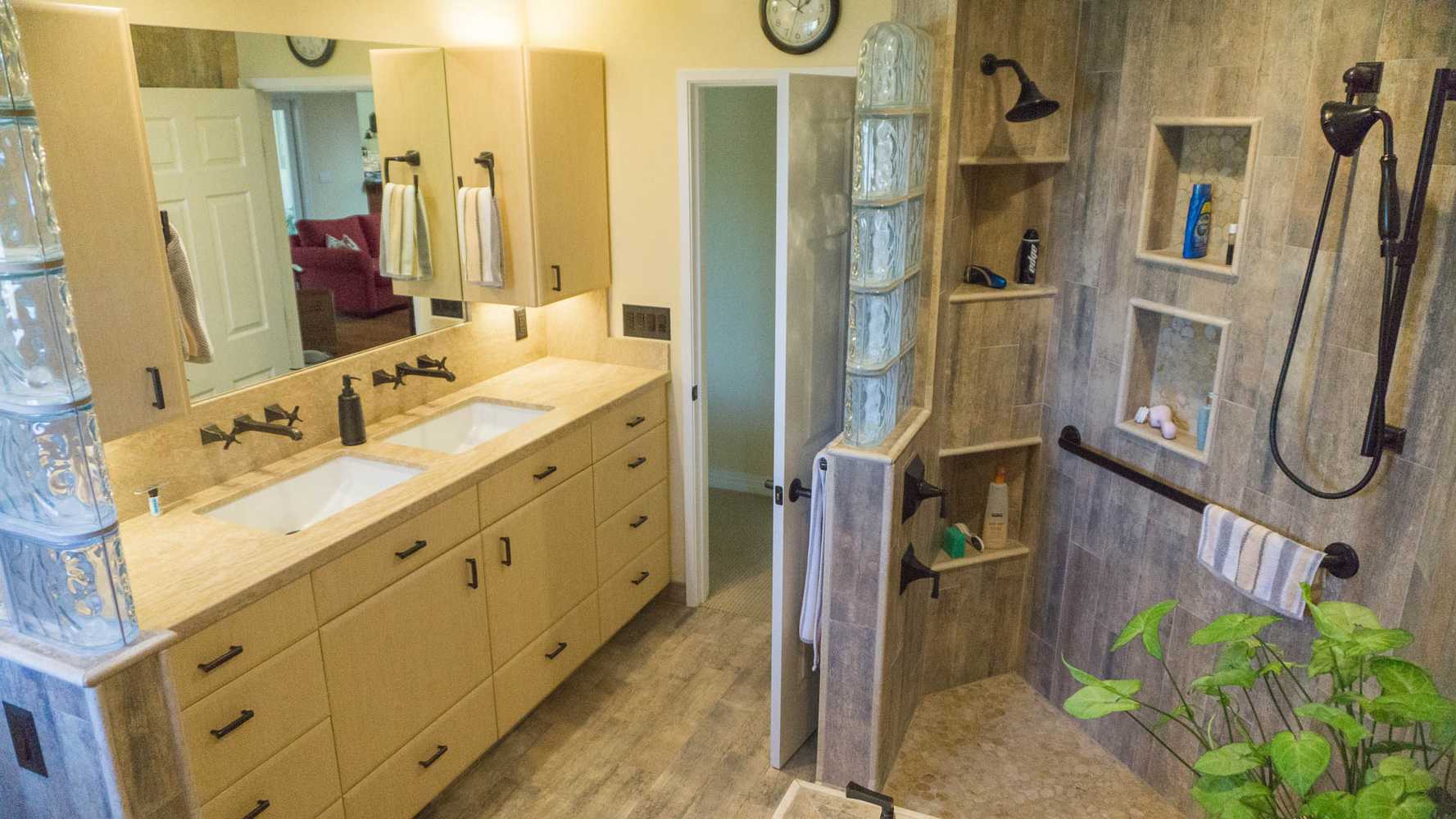 2014: Earthy Wood & Glass Master Bath