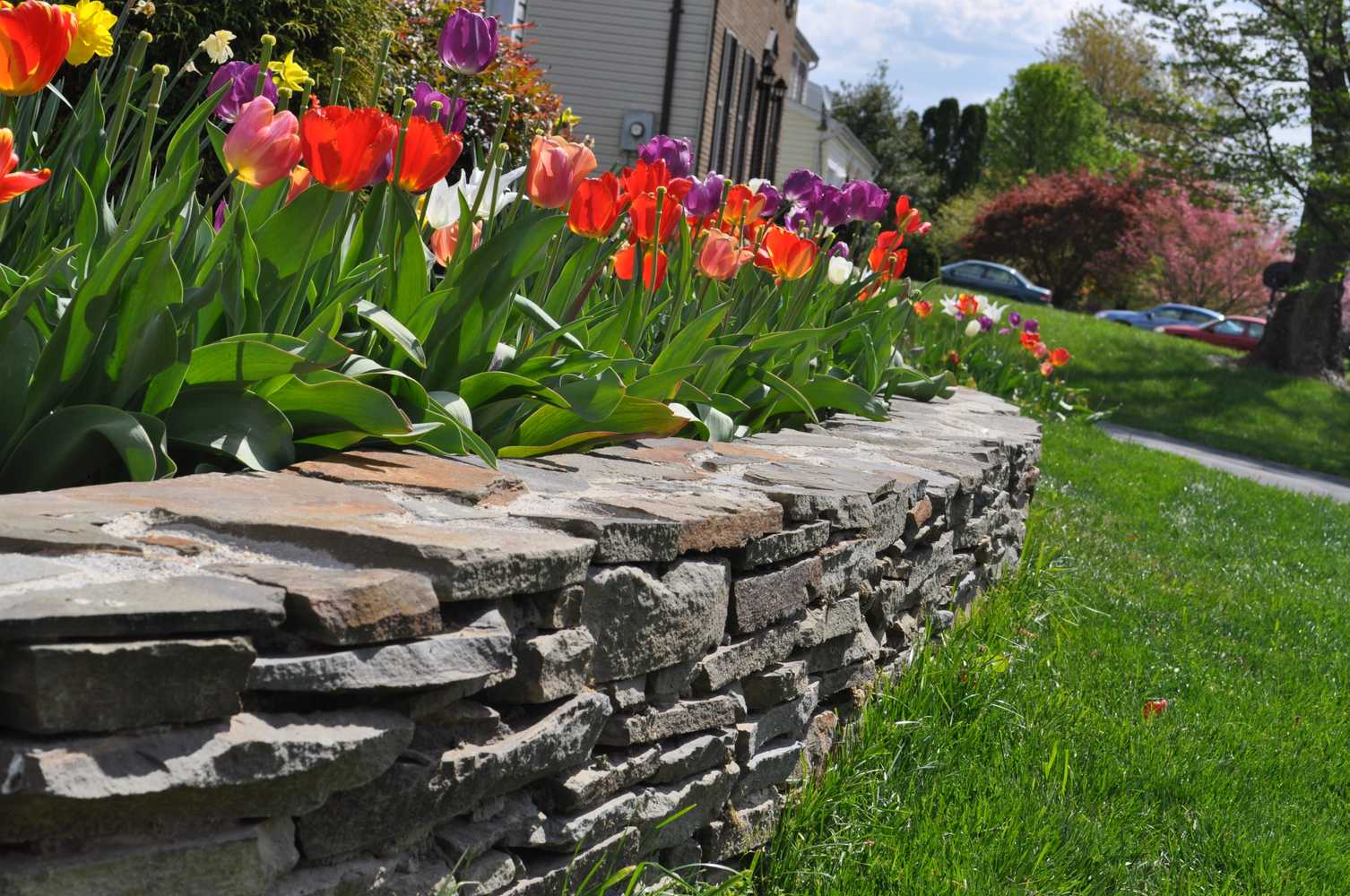 Stacked stone garden wall 