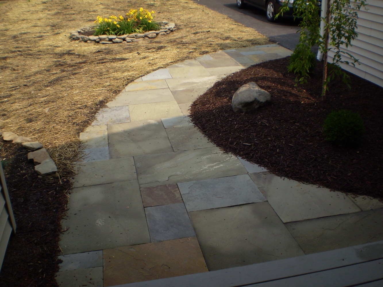 Walkways, Plantings, Retaining wall