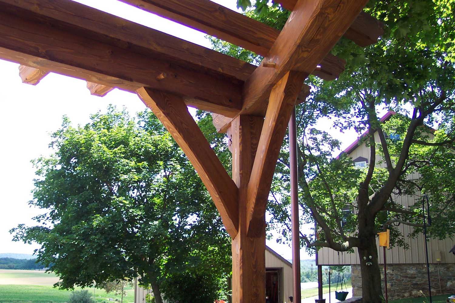 (2) Custom designed timber-framed pergola, timber-framed carport